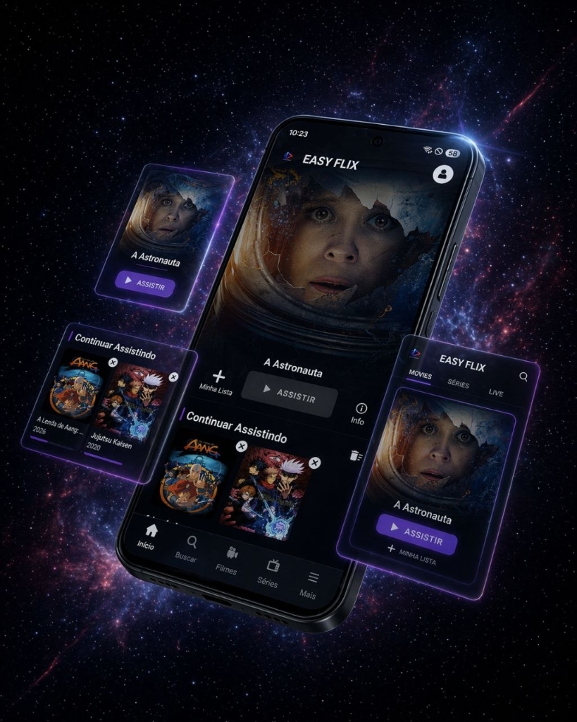 Tela do app Easy Flix em um celular Android exibindo catálogo de filmes e séries